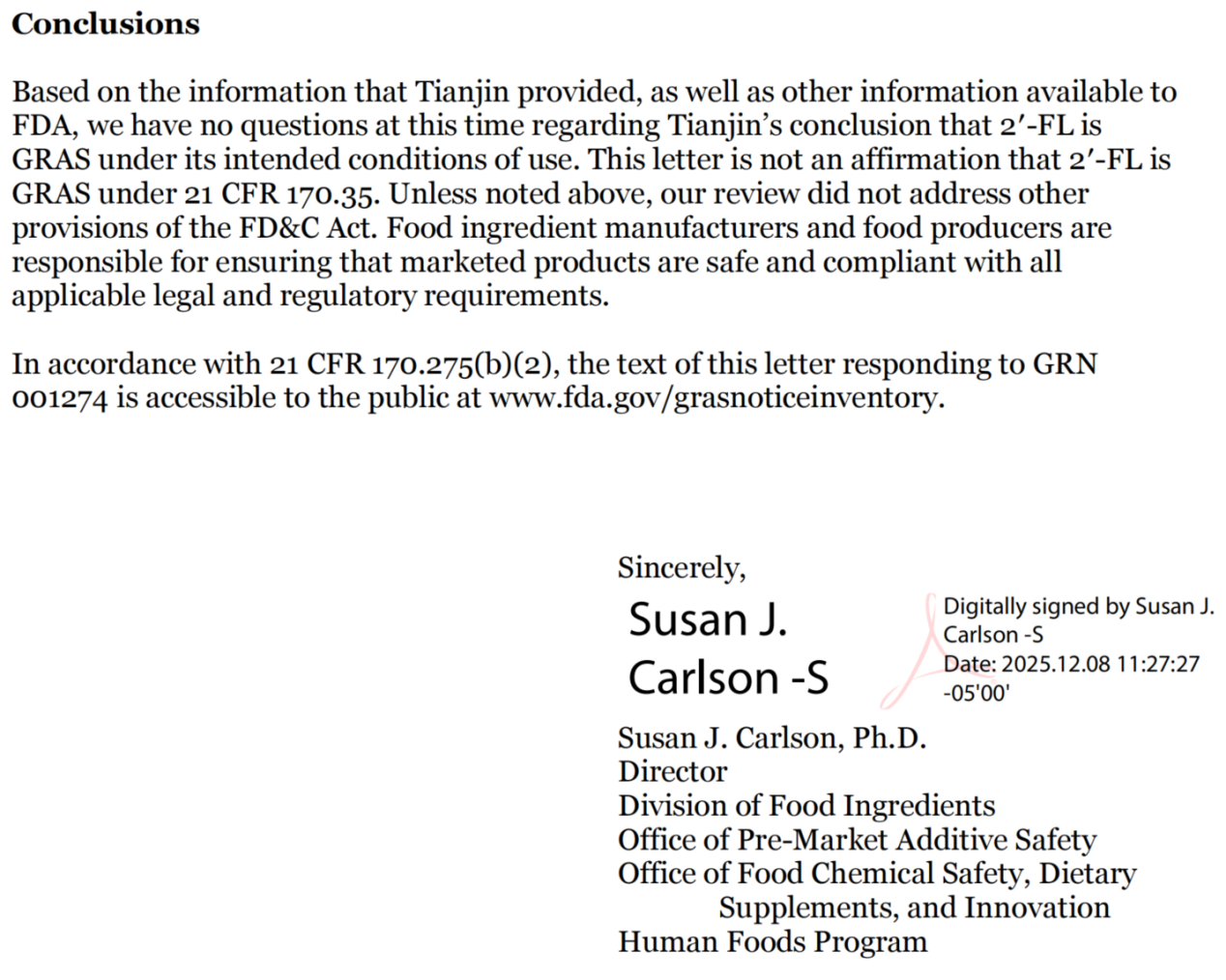 瑞旭集團,天津合生生物,2&rsquo;-FL,中美雙重認證,中國食品營養強化劑,美國FDA GRAS