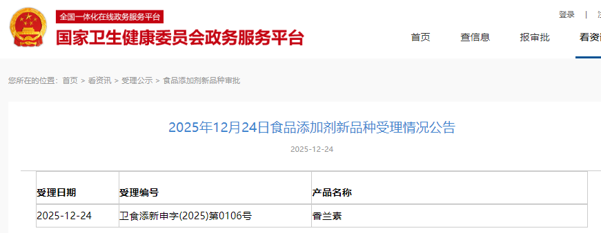 三新食品,受理動態,國家衛健委,香蘭素,天然香蘭素,食品添加劑